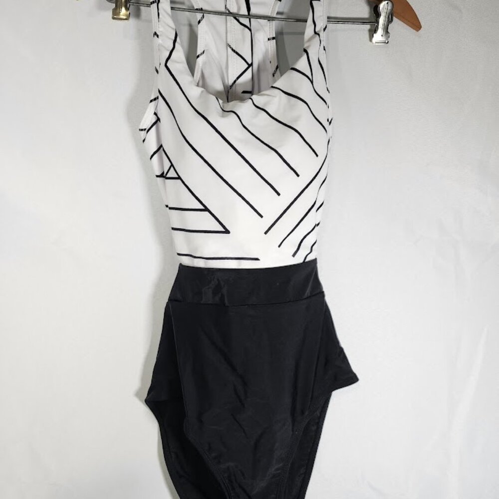 Scoop Neckline Zipper Ge0metric Stripe Ties One Piece Swimsuit Size Medium